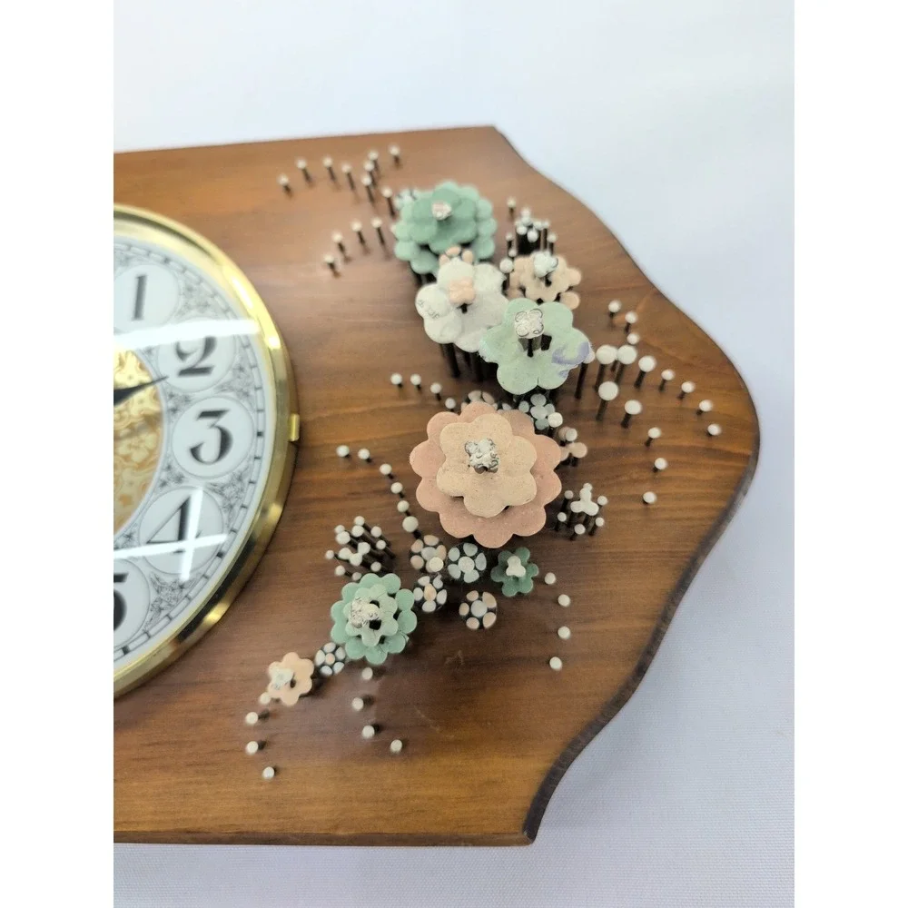 Pol-O-Craft Wall Clock Brown Vintage 1975 Nails In Bloom Floral NailArt 451-1